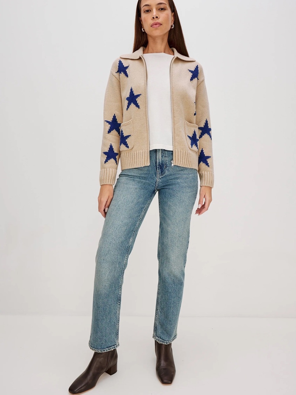 Rails Beige Zip-Up Cardigan with Blue Star Motif